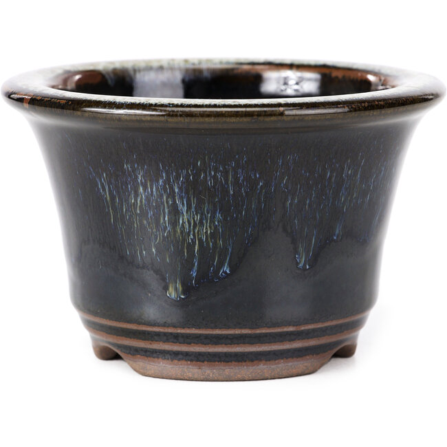 Vaso bonsai rotondo marrone nero con macchie bianche di Koishiwara - 118 x 118 x 78 mm