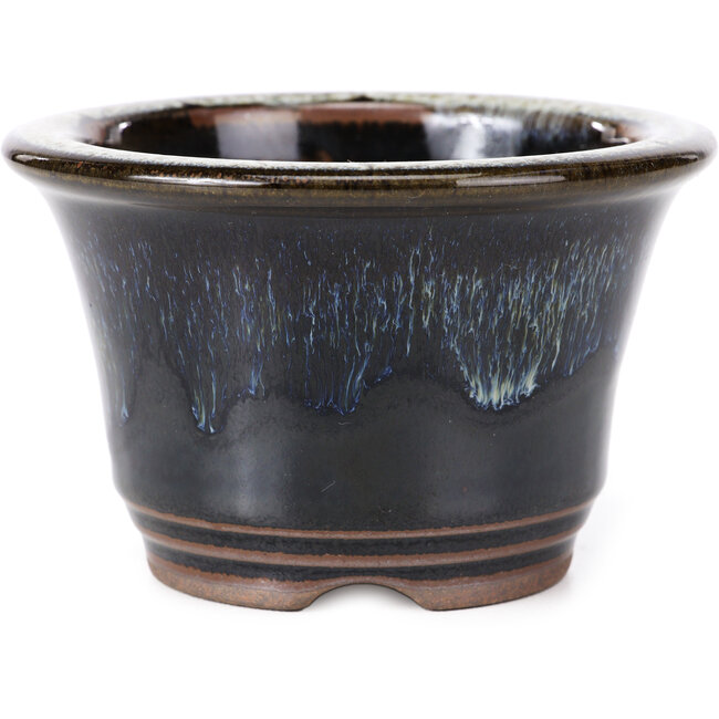 Round black brown with white spots bonsai pot by Koishiwara - 118 x 118 x 78 mm