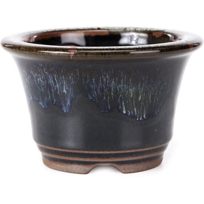 Round black brown with white spots bonsai pot by Koishiwara - 118 x 118 x 78 mm