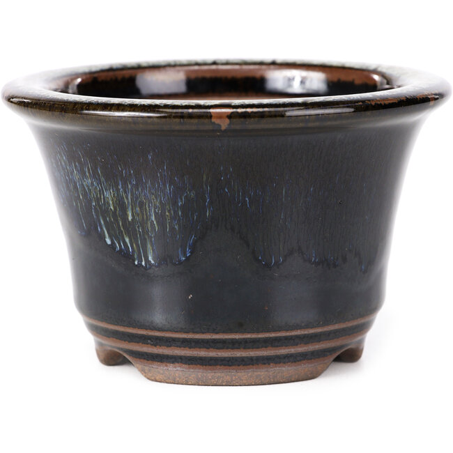 Pot à bonsaï rond brun noir à pois blancs par Koishiwara - 118 x 118 x 78 mm