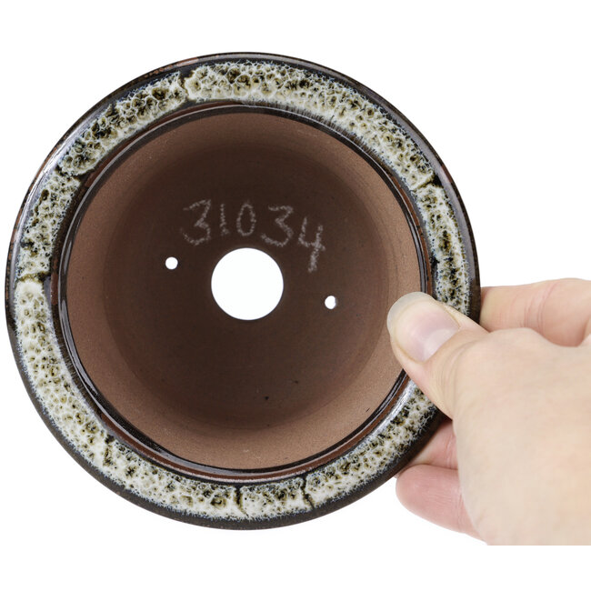 Vaso bonsai rotondo marrone nero con macchie bianche di Koishiwara - 118 x 118 x 78 mm