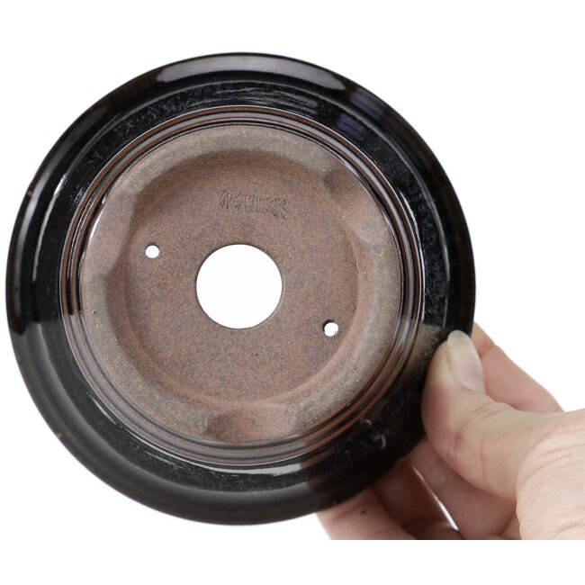 Maceta de bonsái redonda marrón negro con manchas blancas de Koishiwara - 118 x 118 x 78 mm