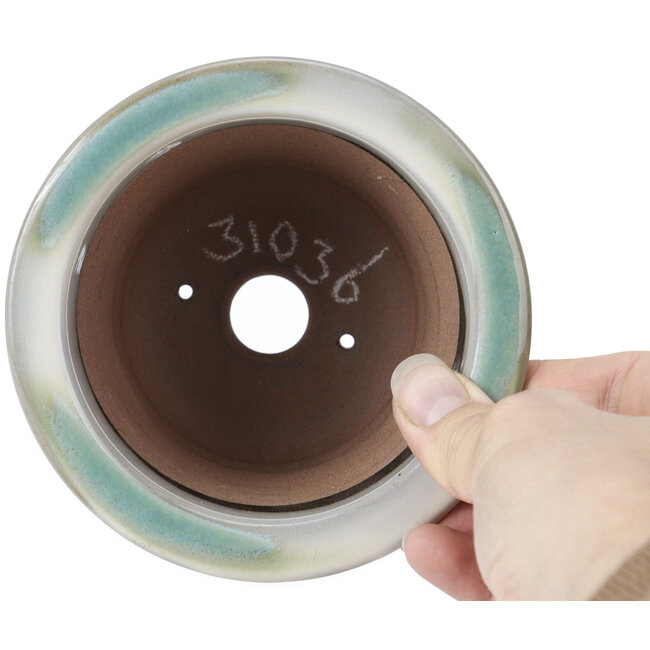 Vaso bonsai tondo bianco con macchie blu di Koishiwara - 118 x 118 x 78 mm