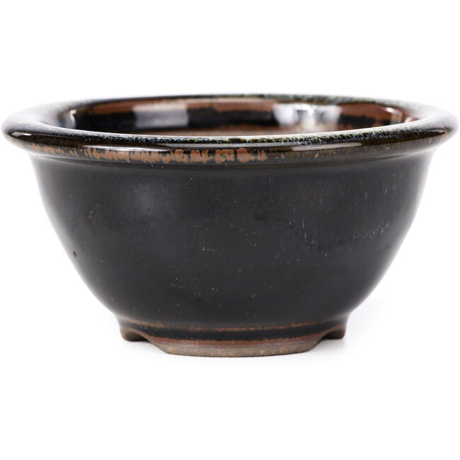 Pot à bonsaï rond brun noir à pois blancs par Koishiwara - 112 x 112 x 56 mm