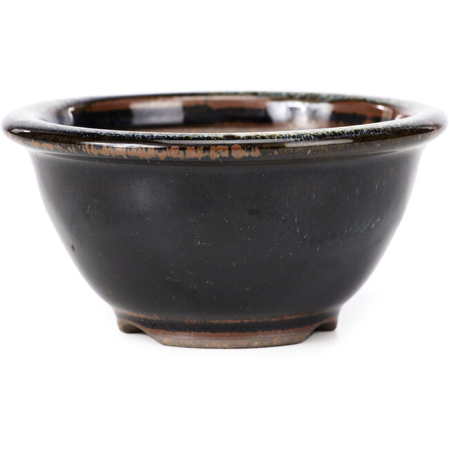 Runde schwarzbraune Bonsaischale mit weißen Flecken von Koishiwara - 112 x 112 x 56 mm
