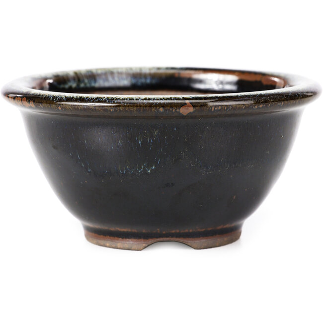 Runde schwarzbraune Bonsaischale mit weißen Flecken von Koishiwara - 112 x 112 x 56 mm
