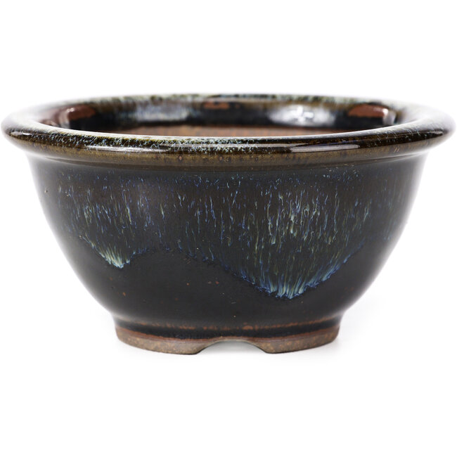Round black brown with white spots bonsai pot by Koishiwara - 112 x 112 x 56 mm