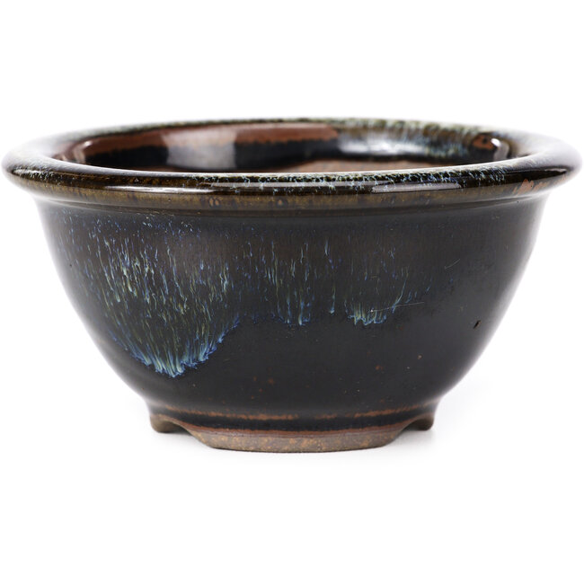 Round black brown with white spots bonsai pot by Koishiwara - 112 x 112 x 56 mm