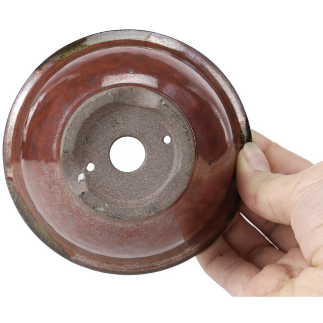 Round red and brown bonsai pot by Koishiwara - 112 x 112 x 56 mm