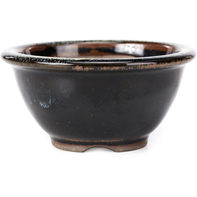 Round black brown with white spots bonsai pot by Koishiwara - 112 x 112 x 56 mm