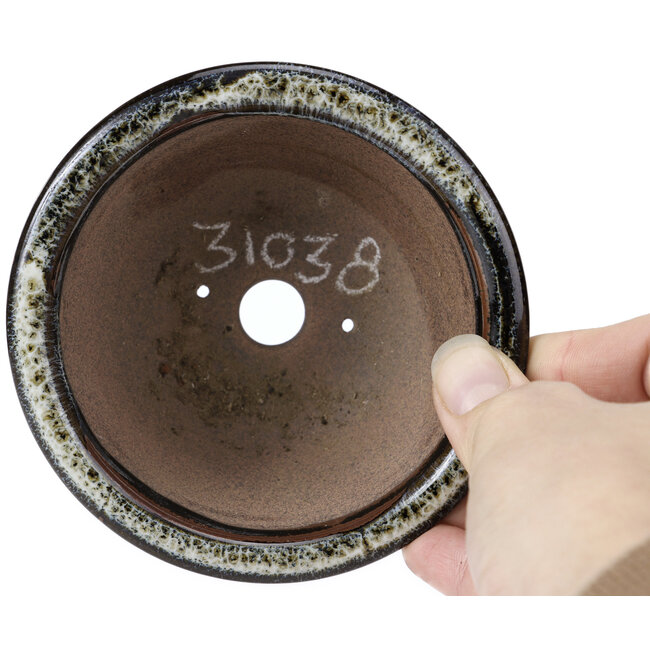 Round black brown with white spots bonsai pot by Koishiwara - 112 x 112 x 56 mm