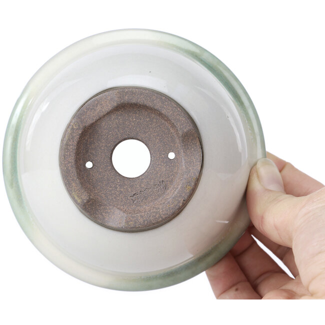 Vaso bonsai tondo bianco con macchie blu di Koishiwara - 112 x 112 x 56 mm