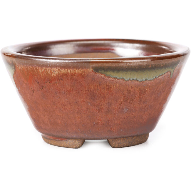 Round red and brown bonsai pot by Koishiwara - 103 x 130 x 50 mm