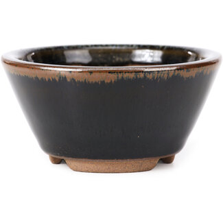 Koishiwara Vaso bonsai rotondo nero marrone con macchie bianche da 103 mm di Koishiwara, Giappone