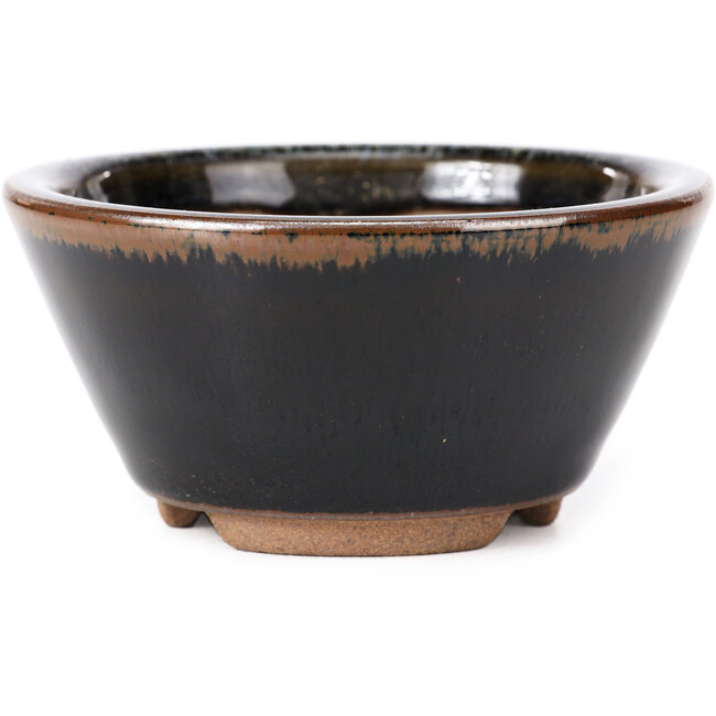 Round black brown with white spots bonsai pot by Koishiwara - 103 x 130 x 50 mm