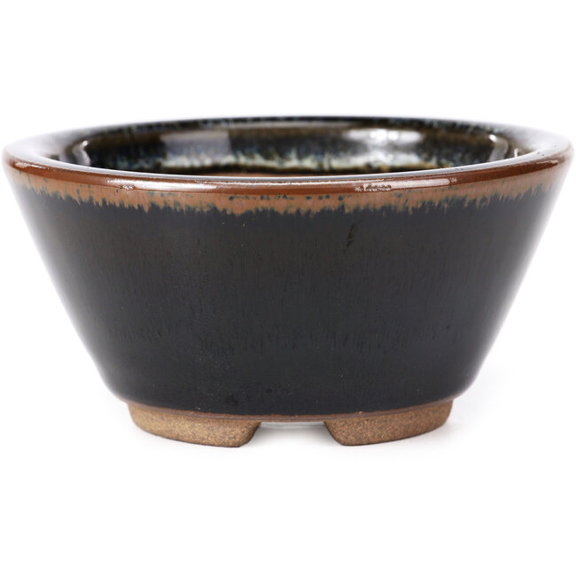 Vaso bonsai rotondo marrone nero con macchie bianche di Koishiwara - 103 x 130 x 50 mm