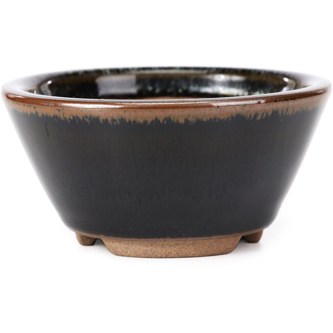 Vaso bonsai rotondo marrone nero con macchie bianche di Koishiwara - 103 x 130 x 50 mm