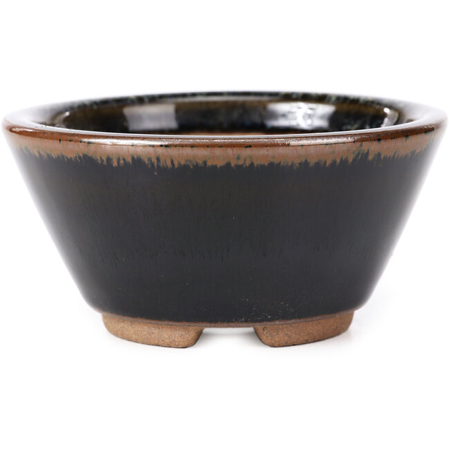 Round black brown with white spots bonsai pot by Koishiwara - 103 x 130 x 50 mm