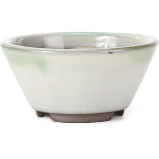 Koishiwara 103 mm round white with green blue stains bonsai pot by Koishiwara, Japan