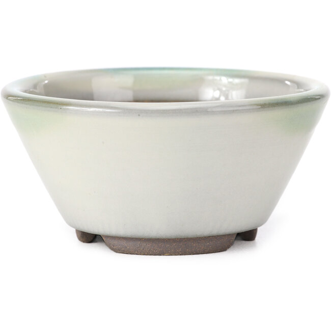 Vaso bonsai rotondo bianco con macchie verdi blu di Koishiwara - 103 x 130 x 50 mm