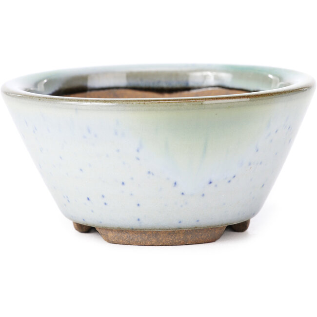 Runde weiße Bonsaischale mit blauen Flecken von Koishiwara - 103 x 130 x 50 mm
