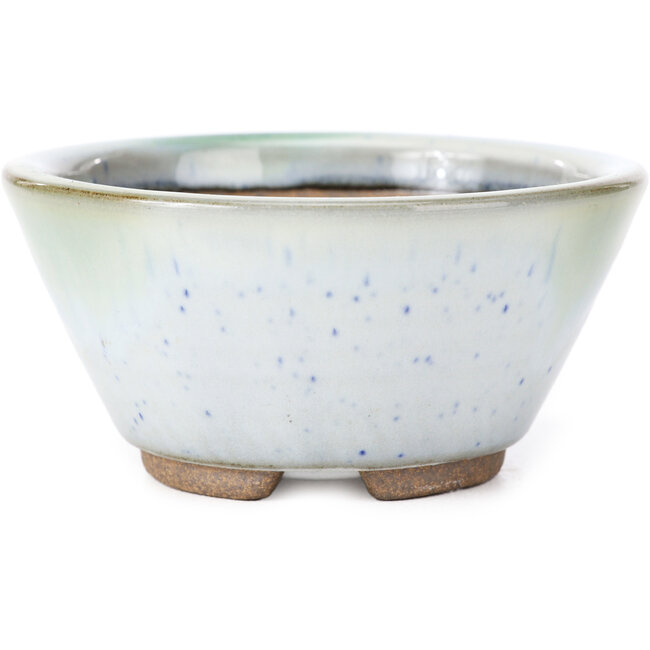 Vaso bonsai tondo bianco con macchie blu di Koishiwara - 103 x 130 x 50 mm