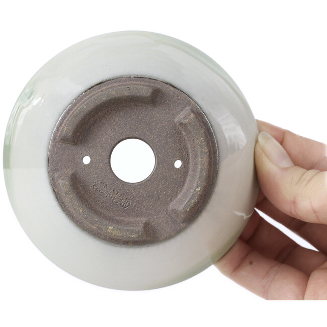 Runde weiße Bonsaischale mit grünblauen Flecken von Koishiwara - 103 x 130 x 50 mm