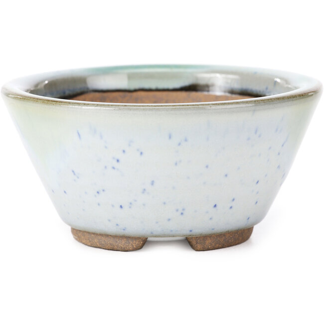 Runde weiße Bonsaischale mit blauen Flecken von Koishiwara - 103 x 130 x 50 mm