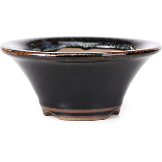 Koishiwara 107 mm round black brown with white spots bonsai pot by Koishiwara, Japan