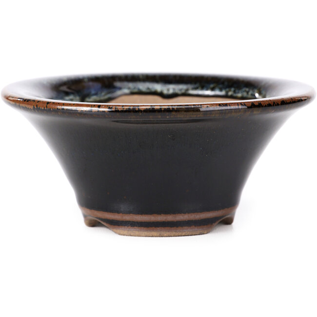 Vaso bonsai rotondo marrone nero con macchie bianche di Koishiwara - 107 x 107 x 46 mm