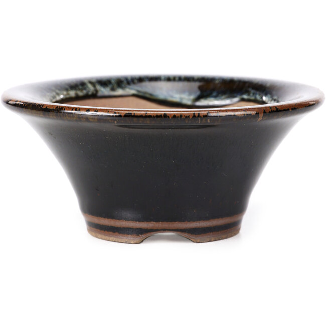 Vaso bonsai rotondo marrone nero con macchie bianche di Koishiwara - 107 x 107 x 46 mm