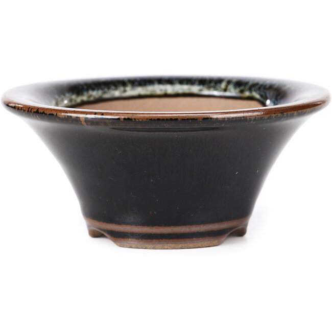 Round black brown with white spots bonsai pot by Koishiwara - 107 x 107 x 46 mm