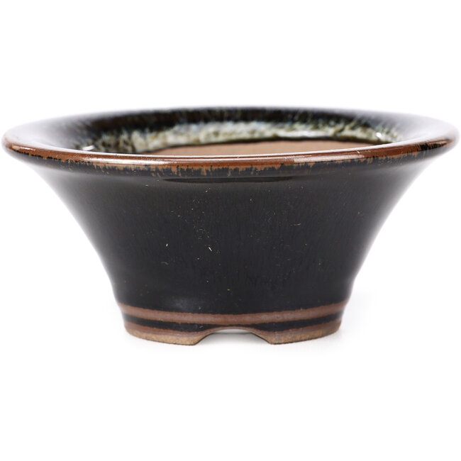 Ronde bonsaipot zwartbruin met witte stippen van Koishiwara - 107 x 107 x 46 mm