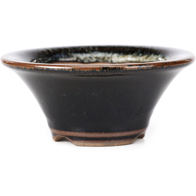 Maceta de bonsái redonda marrón negro con manchas blancas de Koishiwara - 107 x 107 x 46 mm