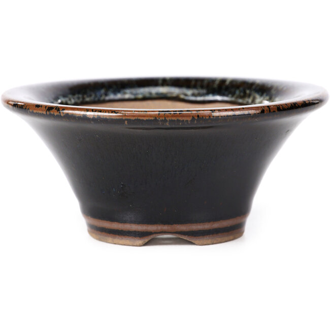 Runde schwarzbraune Bonsaischale mit weißen Punkten von Koishiwara - 107 x 107 x 46 mm