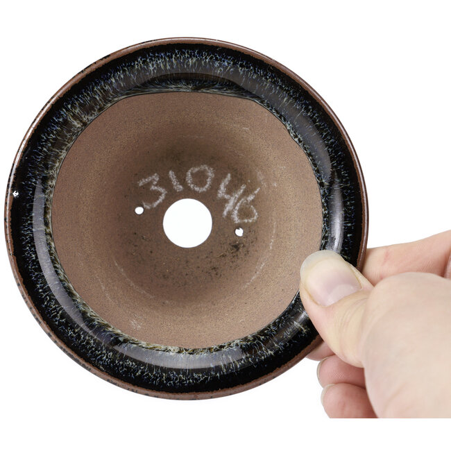 Round black brown with white spots bonsai pot by Koishiwara - 107 x 107 x 46 mm
