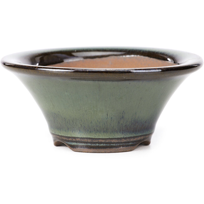 Round green with brown edge bonsai pot by Koishiwara - 107 x 107 x 46 mm