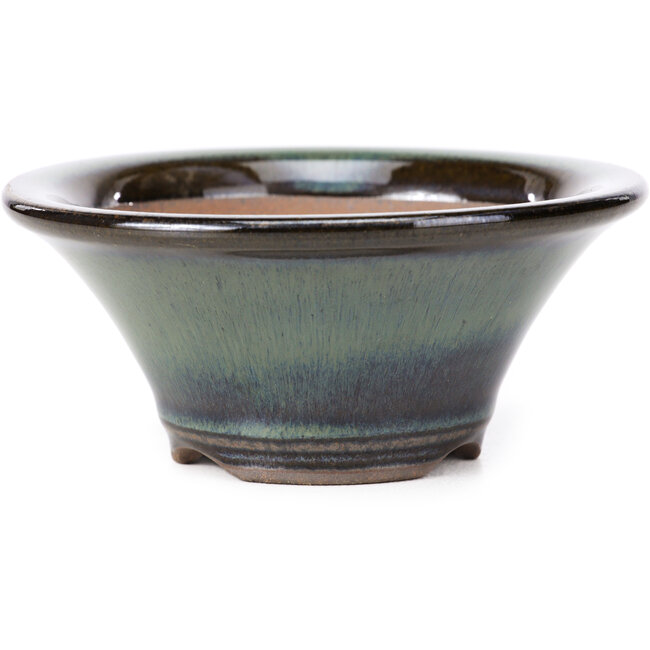 Round green with brown edge bonsai pot by Koishiwara - 107 x 107 x 46 mm