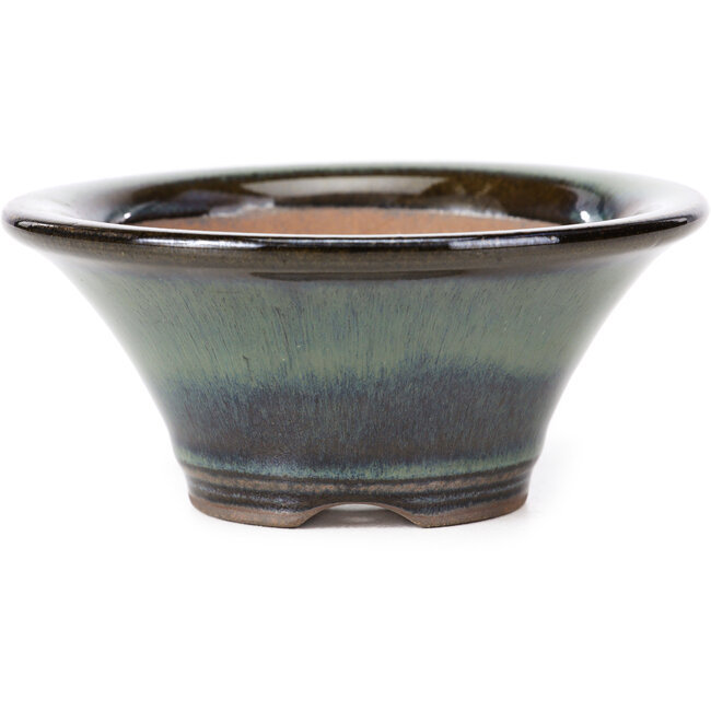 Maceta de bonsái redonda verde con borde marrón de Koishiwara - 107 x 107 x 46 mm