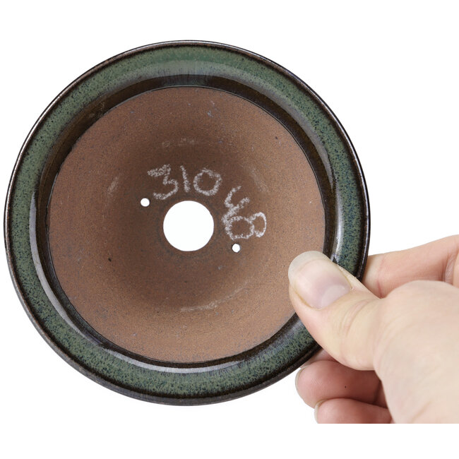 Round green with brown edge bonsai pot by Koishiwara - 107 x 107 x 46 mm