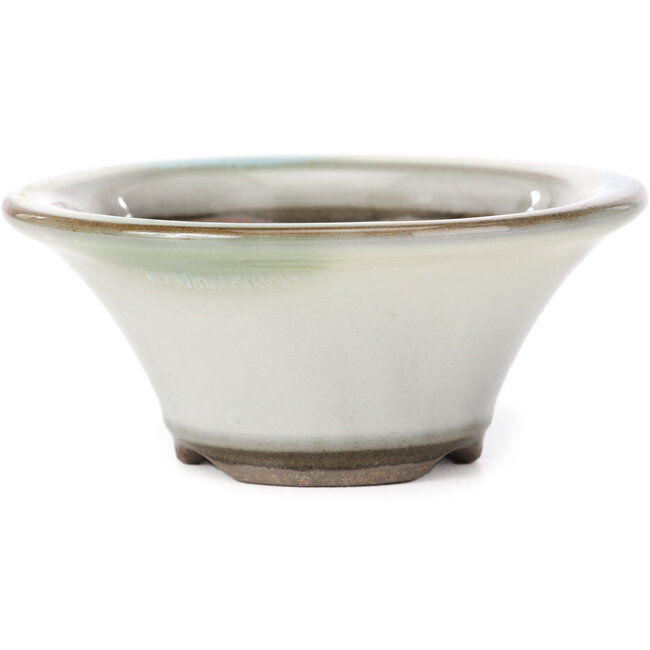 Round white with green blue stains bonsai pot by Koishiwara - 107 x 107 x 46 mm