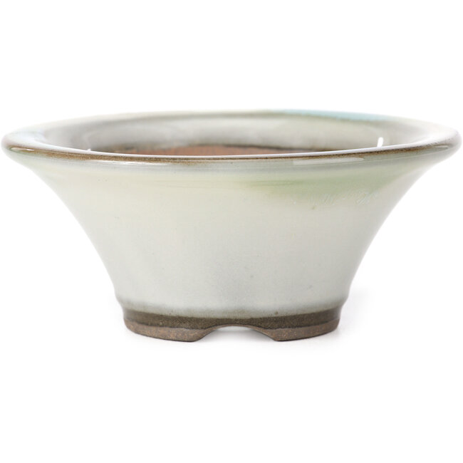 Runde weiße Bonsaischale mit grünblauen Flecken von Koishiwara - 107 x 107 x 46 mm