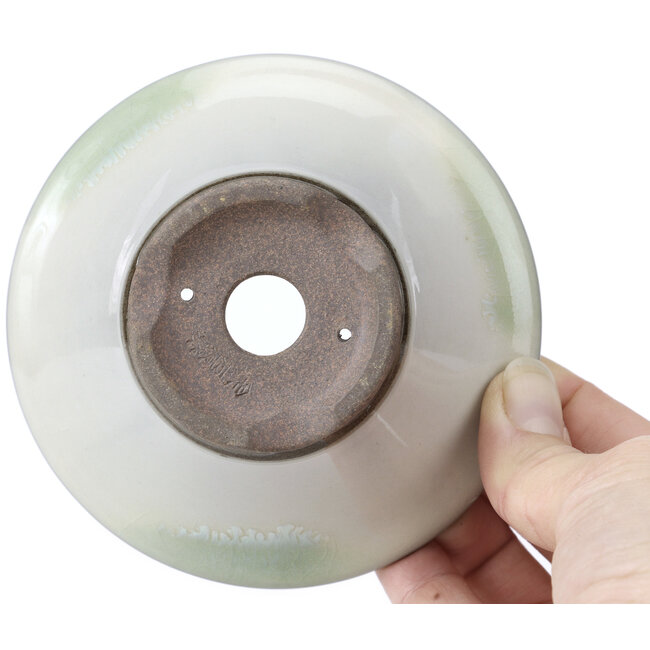 Ronde wit met groen blauwe vlekken bonsai pot van Koishiwara - 107 x 107 x 46 mm