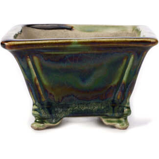  Satomi Mazan, Mazan Terahata 135 mm square green and brown bonsai pot by Terahata Satomi Mazan, Tokoname, Japan