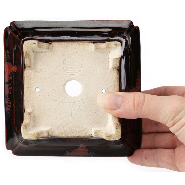 Square brown bonsai pot by Terahata Satomi Mazan - 125 x 125 x 70 mm