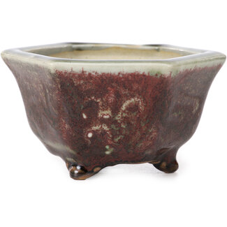105 mm hexagonal red and light grey bonsai pot by Heian Kosen, Kyoto, Japan
