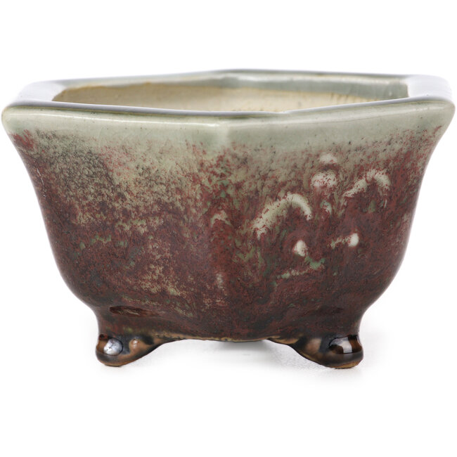 Hexagonal red and light grey bonsai pot by Heian Kosen - 105 x 90 x 55 mm