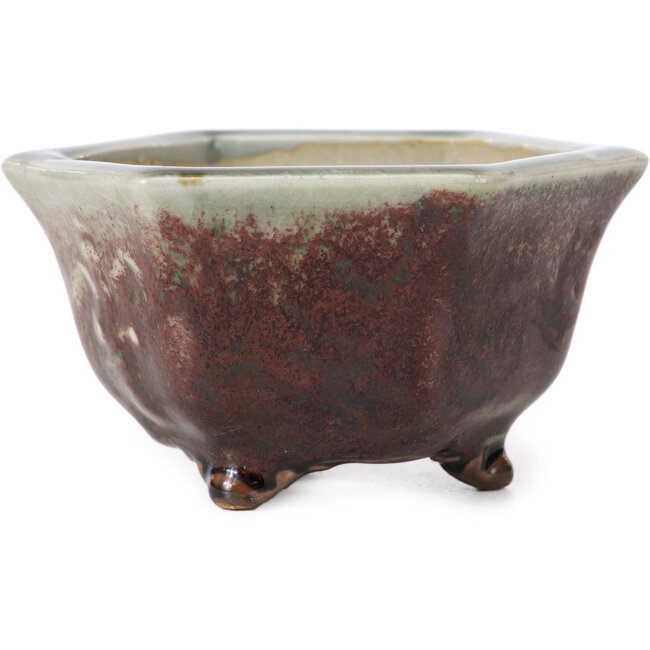 Hexagonal green bonsai pot by Heian Kosen - 105 x 90 x 55 mm