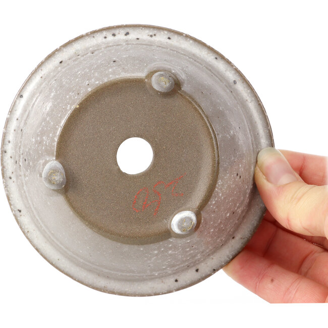Maceta de bonsái redonda gris con lunares blancos de Seto Yaki - 114 x 114 x 44 mm