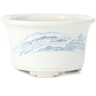 Seto Yaki 107 mm ronde wit met blauwe bonsai pot van Seto Yaki, Seto